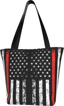 AOOEDM Distressed Fire Fighter Thin Red Line Flag Tote Bag Women Capacity Shoulder Grocery Shopping Bags