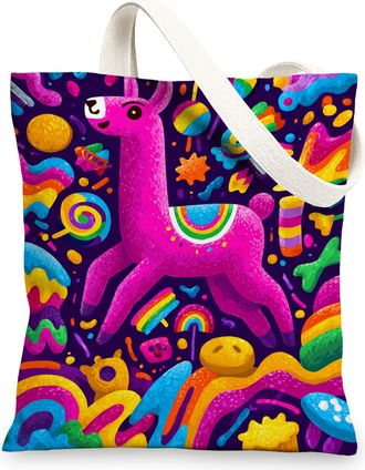 Generic Colorful Llama Canvas Tote Bag, Fun Reusable Shopping Bags, Lightweight Eco-Friendly Satchel 13x15 Inch
