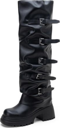 Generic Womens Knee High Boots With Multiple Buckle Straps Round Toe Chunky Block Heels PU Material Comfortable Non Slip Wear Resistant For Party Club Street 
