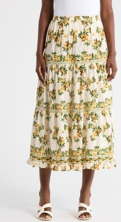 Max Studio Floral Wreath Print Tiered Cotton Blend Maxi Skirt in Cream/Orange Blossom at Nordstrom Rack, Size X-Small