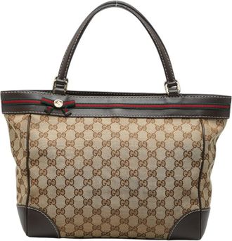 Gucci Gg Canvas Beige Brown Gg Canvas Leather Handbag Tote Bag (Pre-Owned)