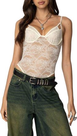 Edikted Cutout Lace Bodysuit in Cream at Nordstrom, Size Medium