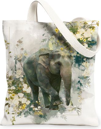 Generic Vintage Elephant Canvas Tote Bags, Artistic Floral Design Reusable Shopping Bags, Lightweight Washable Shoulder Strap Tote, White, 13x15 Inch