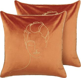 Beliani Conjunto De 2 Cojines De Terciopelo Naranja Dorado 45 X 45 Cm Patr&oacute;n De Cara Crocus
