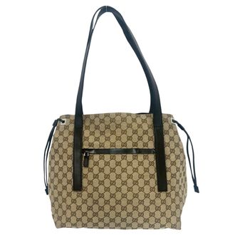 Gucci Brown Leather Canvas Shoulder Bag Tote Bag (Pre-Owned)