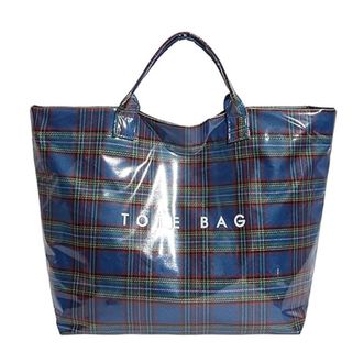 Generic Christmas Red Plaid PVC Tote Bag for Women - Large Vintage Letter Print Plastic Handbag with Top Handle, Spacious Shopping Work Gift (Blue)