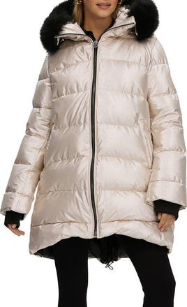 Gorski Apres-Ski Horizontal Long Coat with Detachable Genuine Shearling Hood Trim in Gold/black at Nordstrom, Size X-Small