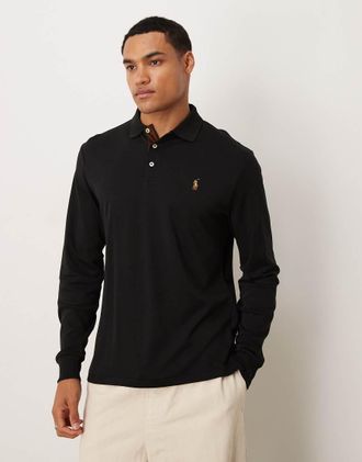 Polo Ralph Lauren Polo a maniche lunghe custom fit in cotone pima nera con logo a icona-Nero
