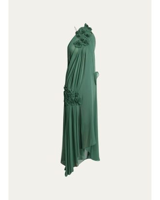 Victoria Beckham Pleated Silk Georgette Floral Applique Asymmetric Gown