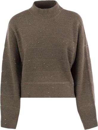 Brunello Cucinelli New English Half-Rib Knit - Dames - Coltruien - Bruin - XS - Katoen - Truien & Vesten