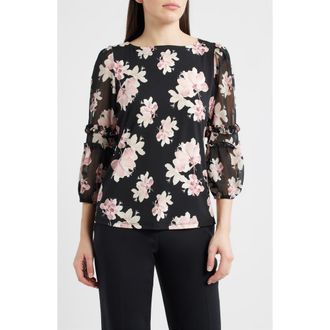 Anne Klein Ruffle Floral Puff Sleeve Top in Anne Black Multi at Nordstrom, Size X-Large