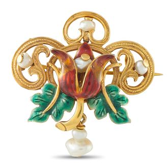 Luxury Bazaar Antique 18K Yellow Gold Pearl and Enamel Brooch MF01-091126
