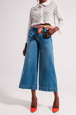 Q2 Cotton High Waisted Cropped Jeans In Mid Wash 90s