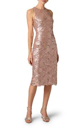 Aidan Mattox Beaded Sleeveless Midi Dress in Rose Gold at Nordstrom, Size 10