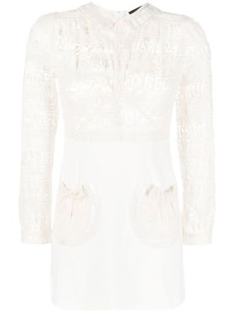 Dsquared2 logo-lace long-sleeve minidress - women - glass/Spandex/Elastane/Polyamide/Polyester - 38 - Neutrals