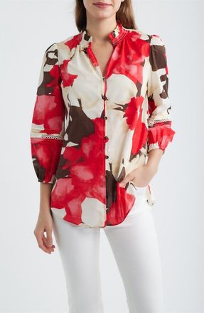 Anne Klein Ruffle Neck Cotton Button-Up Shirt in White Dove Multi at Nordstrom, Size X-Large P
