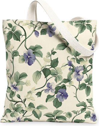 Generic Spring Periwinkle Flower Canvas Tote Bag for Shopping 13x15, Vintage Wildflower Florals Reusable Grocery Print Pattern Bag for Women, Aesthetic Beach 