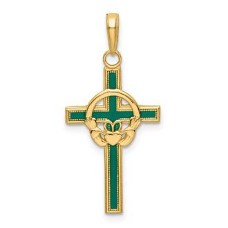 Diamond2Deal 14k Yellow Gold Green Enameled Claddagh Cross Pendant