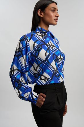 Karen Millen Womens Rope Print Viscose Crepe Balloon Sleeve Blouse - Blue - Size 14 UK