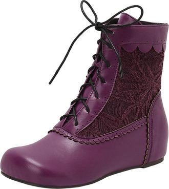 Generic Purple Lace Up Ankle Boots for Women Round Toe Flat Sole Fashion Casual Versatile Winter Comfortable Wear Chunky Design