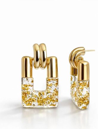 Gold & Honey Womens Rectangle Door Knocker Earrings In Clear Gold Leaf