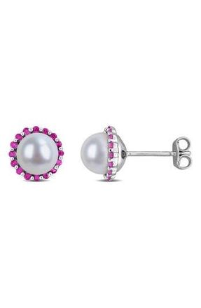 Delmar 7 - 7.5mm Cultured Freshwater Pearl & Created Ruby Stud Earrings at Nordstrom Rack
