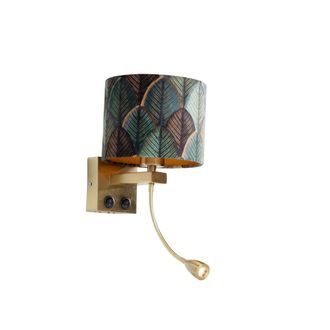 QAZQA Cl&aacute;sico/antiguo L&aacute;mpara De Pared Bronce Con Pantalla De Terciopelo Dise&ntilde;o Hoja E Interior Dorado - Brescia Combi Acero /terciopelo /textil Redonda /cu