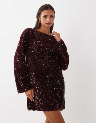 Pieces Vestito corto bordeaux con paillettes e fiocco sul retro-Rosso