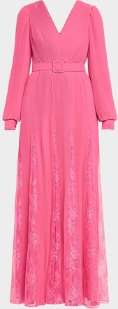 Badgley Mischka Pleated Lace-Inset Godet Gown