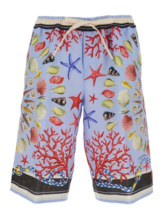 Dolce & Gabbana Multicolor Shorts With Elastic Drawstring And All-over Print In Linen Man