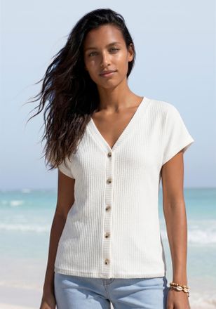 Lascana Kurzarmshirt LASCANA mit Zierknopfleiste, Damen, Gr. 32/34, beige (creme), Piqu&eacute;, Obermaterial: 69% Polyester (REPREVE), 28% Viskose, 3% Elasthan, uni