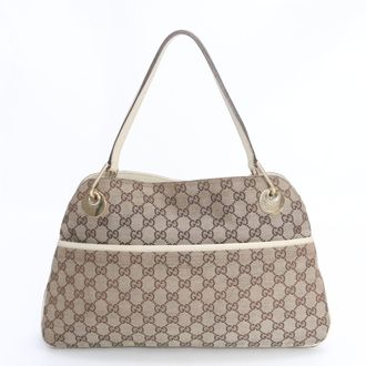 Gucci Beige Leather Canvas Handbag Shoulder Bag Tote Bag (Pre-Owned)