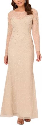 Adrianna Papell Beaded Long-Sleeve Gown In Biscotti