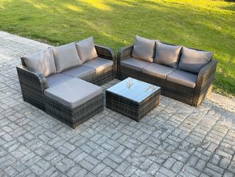 Fimous Indoor Outdoor Rattan Garden Furniture 7 Seater Set Table Sofa Chair Patio Conservatory with Grey Cushions Big Footstool in Dark Grey