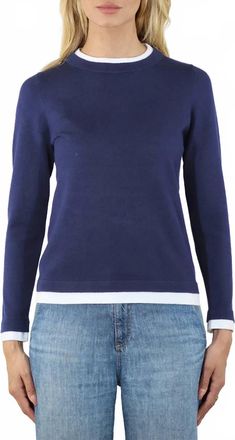 Metric Knits Double Trim Long Sleeve Crew Pullover Sweater In Navy Combo