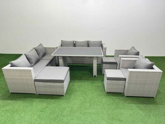 Fimous 11 Seater Outdoor Dining Table 3 Seater Sofa Set with 3 Stools in Light Grey