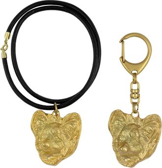 OEM Papillon, Continental Spaniel - Llavero Y Collar Con Perro En Caja, Producto Ba&ntilde;ado En Oro De Alta Calidad, Marca Art-dog