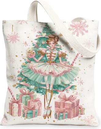 Generic Holiday Ballet Canvas Tote Bags, Charming Winter Dance Art Pattern Reusable Shopping Bags, Vintage Lightweight Washable Sho, White, 13x15 Inch