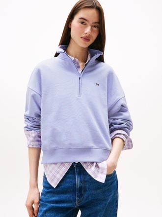 Tommy Jeans Sweatshirt TOMMY JEANS TJW BXY S-FLAG 1/4 ZIP, Damen, Gr. XL (42), vintage iris, Sweatware, Obermaterial: 100% Baumwolle, unifarben, normal, hoch gesc
