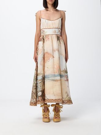 Zimmermann Abito midi Mahon in lino con stampa grafica e spalle scoperte
