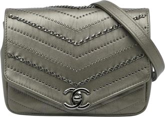 Chanel Pre-owned Small Chevron Data Center Envelope Flap Bag - Dames - Vintage Schoudertas - Grijs - ONE Size - Leer - Vintage