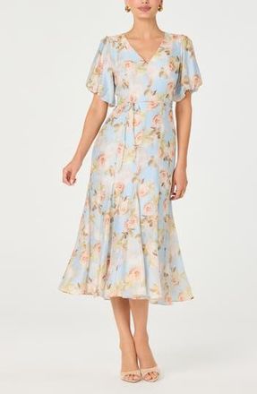 ASTR the Label Lavena Floral Puff Sleeve Midi Dress in Blue Flrl at Nordstrom Rack, Size Small