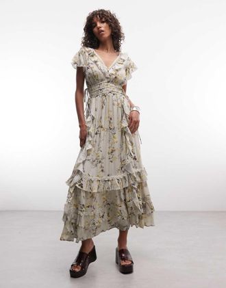 AllSaints Canto - Vestito midi a balze verde pallido a fiori con volant