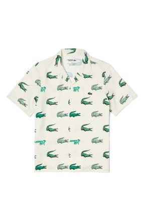 Lacoste Print Short Sleeve Button-Up Shirt in Flour at Nordstrom, Size 38