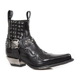 New Rock Studded Black Leather Western Biker Boots-7950-S1