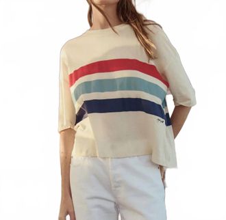 The Great. Track Crew With Saltwater Stripe Sweater In Washed White