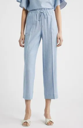Anne Klein Ankle Straight Leg Linen Blend Drawstring Pants in Lagoon/Crisp White at Nordstrom, Size X-Small