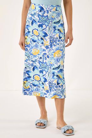 Roman Floral Print Stretch Midi Skirt