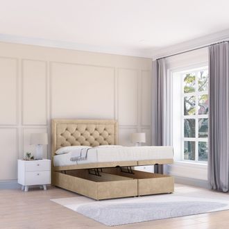Sloomy Montana Coniston Fabric Ottoman Bed End Opening With Sprung Memory Mattress & 26 Inch strut Headboard in Cream | Size: Super King
