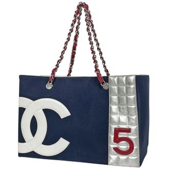 Chanel Navy Silver Canvas Leather Tote Bag (Pre-Owned)
